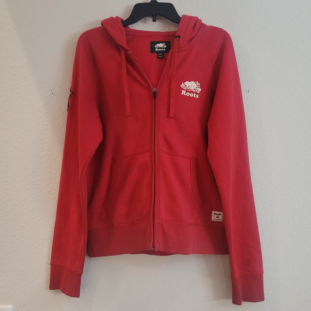 Roots Size M Full Zip Hoodie Women Red Embroidered Canada Beaver Logo Bannf